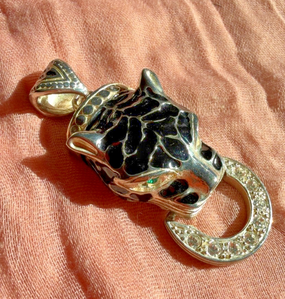 Black Enamel Panther Head Pendant Rhinestone Horseshoe Drop Charm